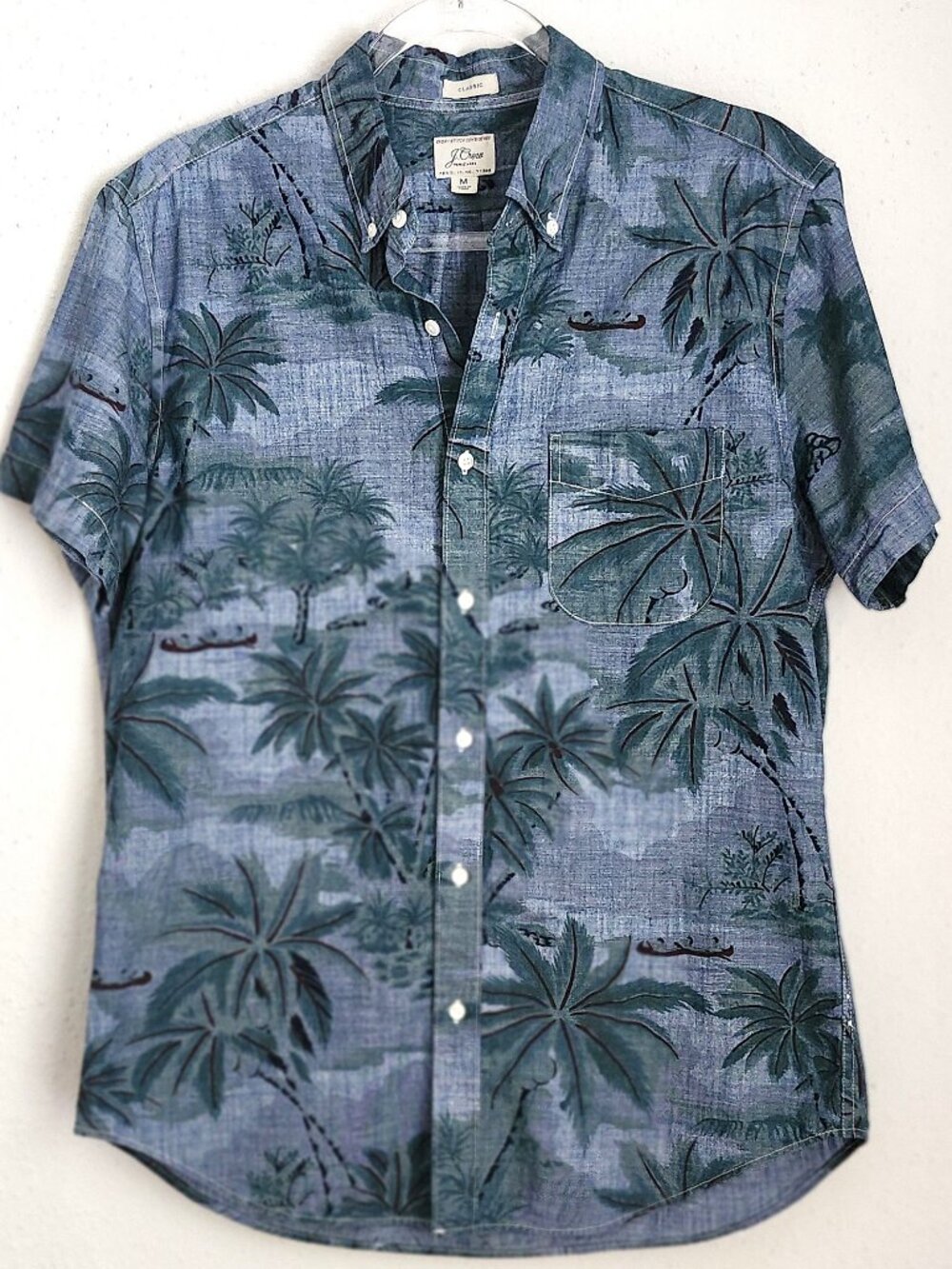 J. CREW Voyage Palm Print Classic Short Sleeve Chambray Button Down Shirt M